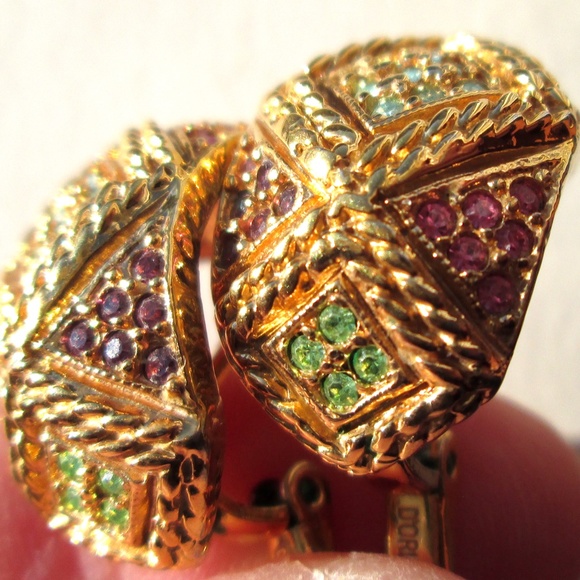 ✨ D'ORLAN 22K Gold Plated Pastel Multicolour Swarovski Crystal Half Hoops Signed - Picture 4 of 15